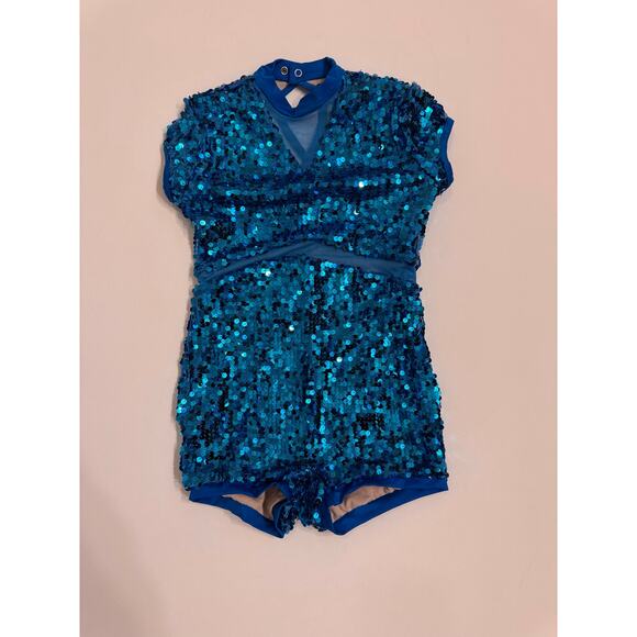Weissman Crowd Go Crazy Blue Sequin Cap Sleeve Biketard Size MC Medium Child - Picture 2 of 8